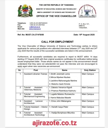 Tangazo la Kuitwa Kazini Chuo Kikuu cha Sayansi  na Teknolojia Must 2025 Mbeya