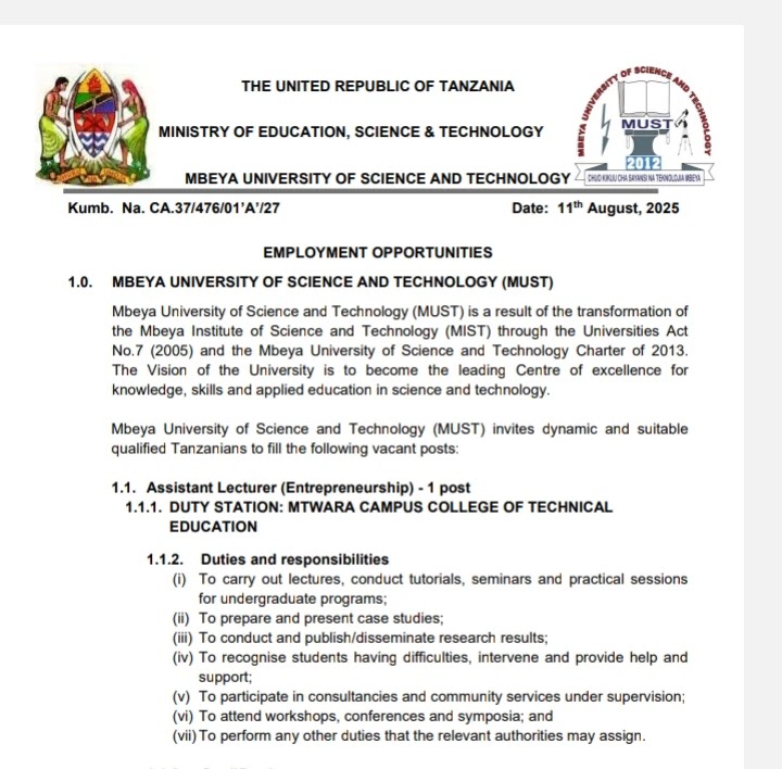 Nafasi za Kazi Chuo Kikuu cha Sayansi na Teknolojia Mbeya 2025 Must
