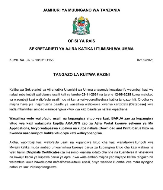 Majina ya Walioitwa Kazini 02-09-2025