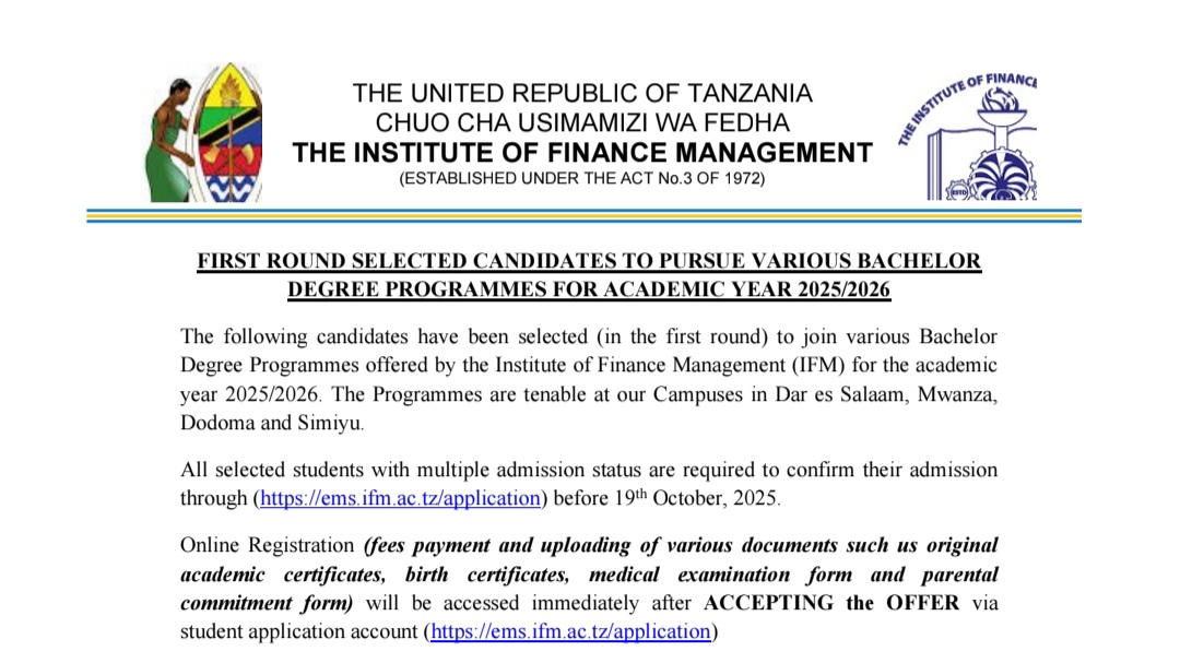 Majina Waliochaguliwa Chuo cha IFM 2025/2026