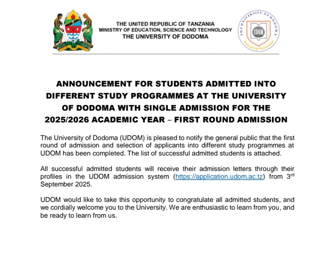 Majina ya Waliochaguliwa Kujiunga na Kozi mbalimbali za Bachelor UDOM 2025 First Round