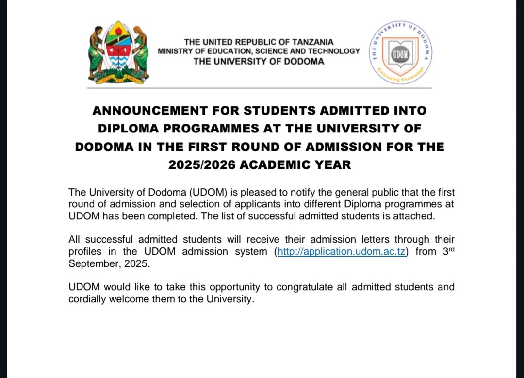 Majina ya Waliochaguliwa Kujiunga Diploma Programmes at Udom University 2025/2026
