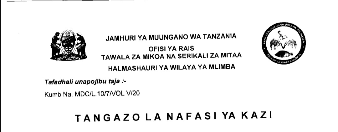 Nafasi za Kazi Mlimba Dc