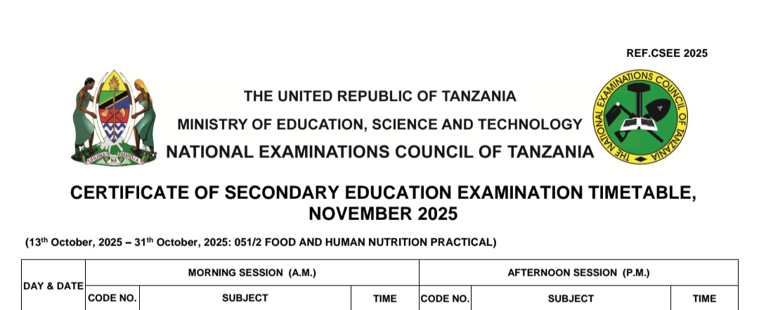 CSEE Necta New Timetable 2025