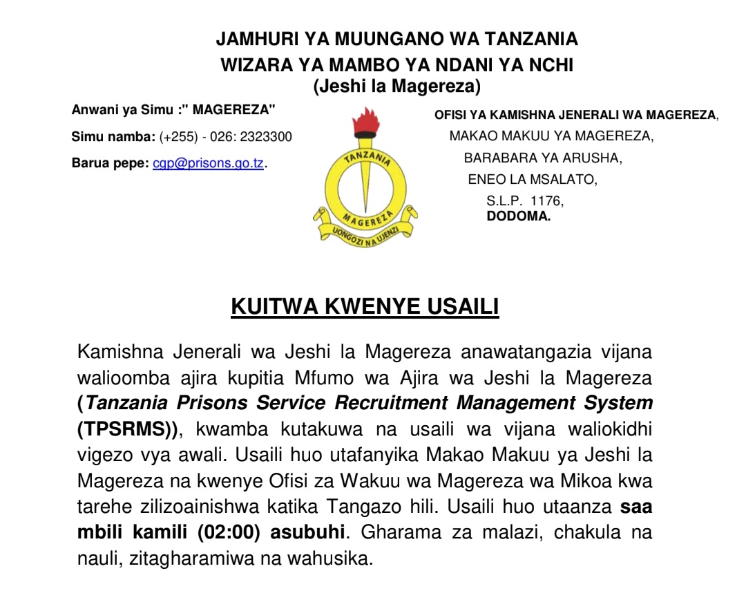 Orodha Walioitwa Kwenye Usaili 2025 Magereza