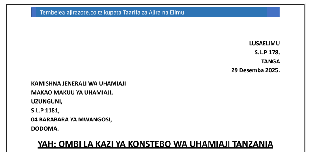 Mfano wa Barua ya Kuomba Ajira Uhamiaji 2025