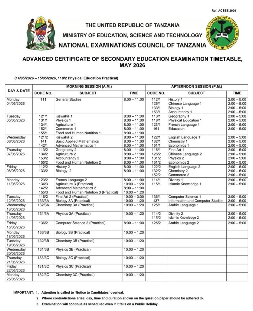 Necta Form Six Acsee Exam Timetable 2026