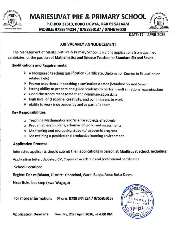 Job Vacancies at MARIESUVAT PRE & PRIMARY SCHOOL